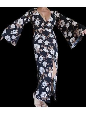 Venus Fall Floral Print Kimono Dress #Z228710,Black Multi